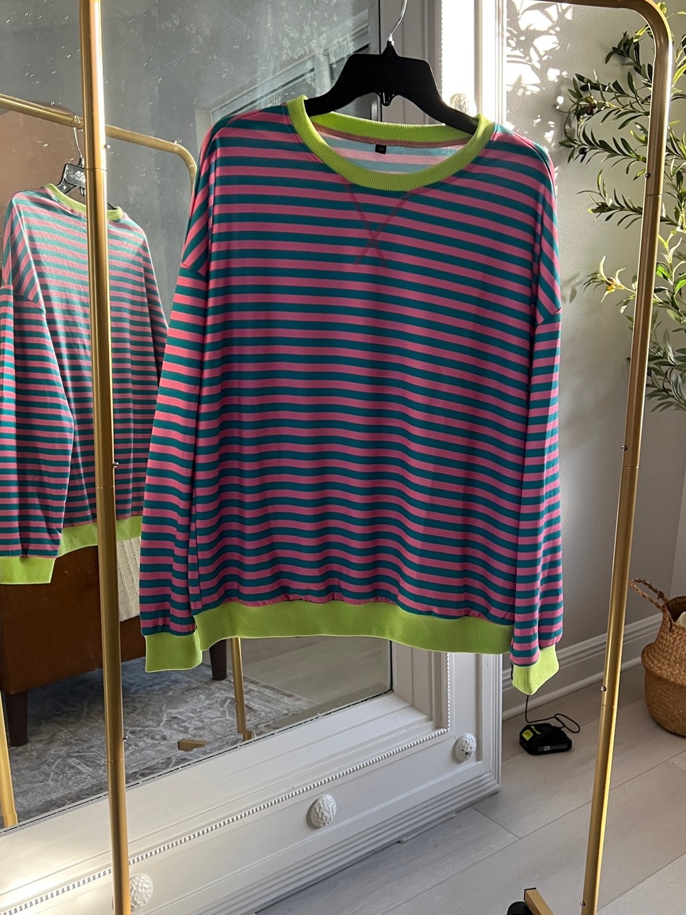 Striped Crewneck Sweater in Teal & Pink with Lime Trim